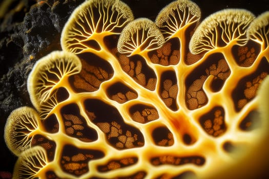 Natural fungus mycelium network texture closeup. Filaments of fungi microorganisms microscopy. AI Generative content