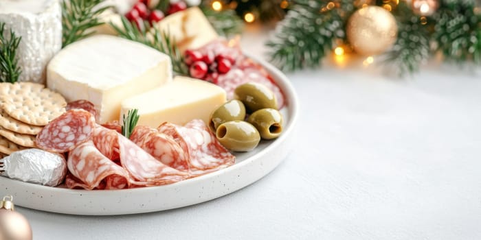 Christmas or New Year holiday charcuterie platter with cheeses, salami, grapes, olives on board, festive background, copy space, AI generated