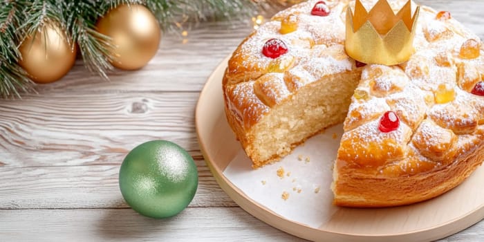Three kings holiday festive cake topped with golden paper crown on a table, background, AI generated
