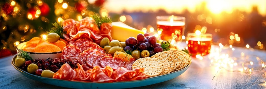 Festive charcuterie board with assorted cheeses and meats on rustic table, background, AI generated