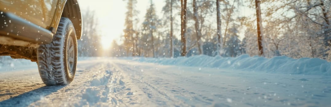 Car on snowy forest road with sunlight, winter tires replacing service concept, copy space banner background, AI Generated