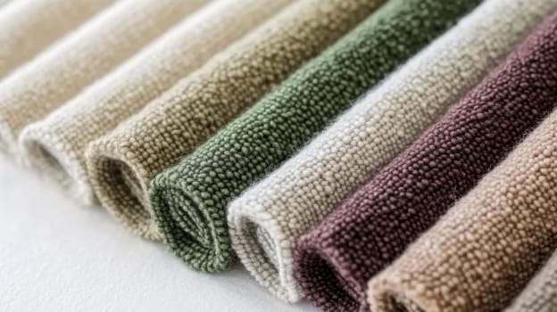 Boucle Fabric samples in various neutral colors close up arranged, texture detail, interior design palette background, AI generated