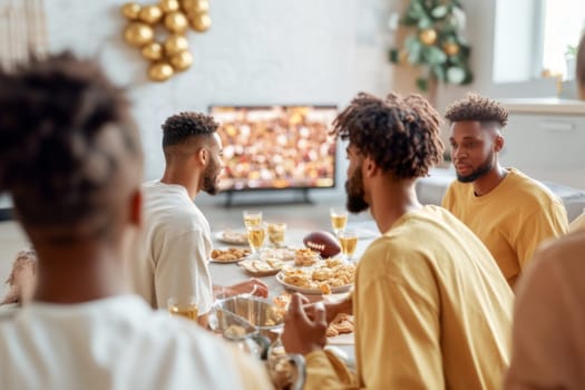 Friends watching Super Bowl football game eating snacks together at home, AI generated
