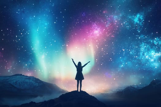 Silhouette of a woman raising hands to colorful aurora borealis and milky way galaxy in a starry night
