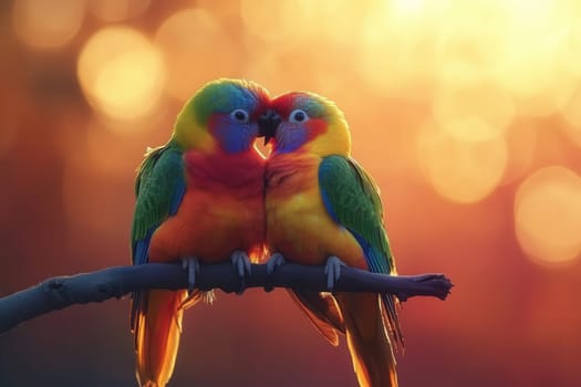 Couple of rainbow bee eaters showing affection on a branch at sunset