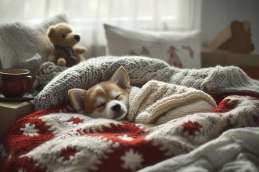 Small puppy sleeping comfortably on a bed covered with knitted blankets in a cozy winter setting