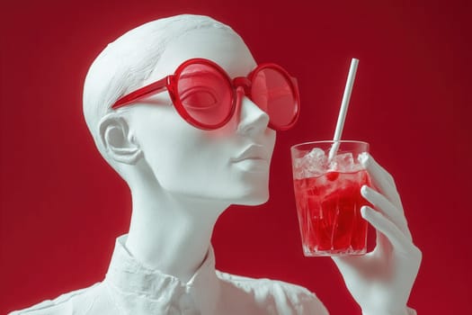 White plaster sculpture with red sunglasses enjoying a refreshing red cocktail against a vibrant red backdrop
