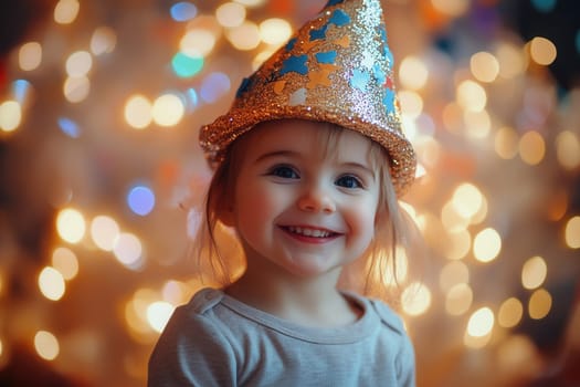Portrait of cheerful toddler girl wearing golden hat smiling in front of christmas tree lights