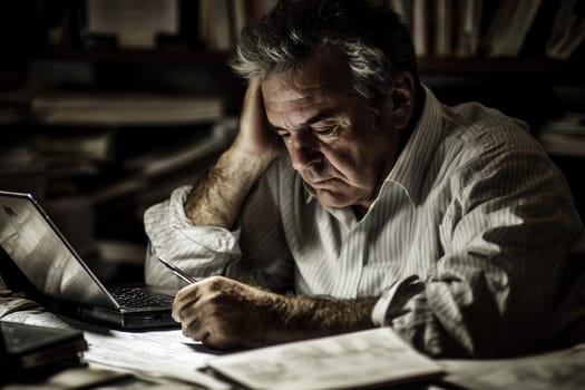 Businessman suffering from headache working late at night in office using laptop and taking notes