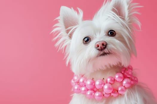 Small white dog wearing a pink pearl necklace posing on a pink background