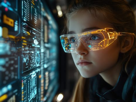 Young programmer working on futuristic computer wearing illuminated glasses
