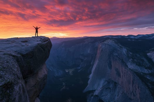 Hiker with open arms standing on a cliff edge at sunset, enjoying the view of yosemite valley and half dome
