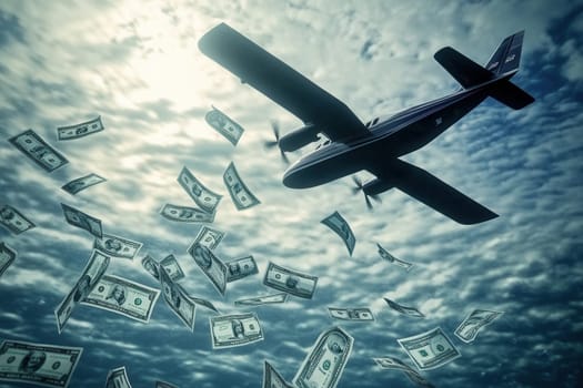 Hydroplane soars through a cloudy sky as dollar bills rain down, symbolizing financial abundance or reckless spending