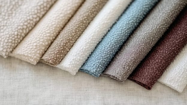 Boucle Fabric samples in various neutral colors close up arranged, texture detail, interior design palette background, AI generated