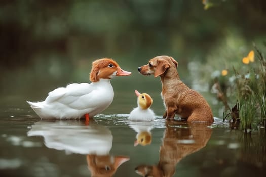 Small brown dog, a duck, and a duckling are standing in shallow water, creating a charming rural scene