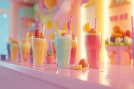 Refreshing fruit smoothies topped with fresh fruit slices and straws, displayed on a vibrant pink bar