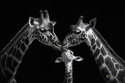 Two adult giraffes lovingly nuzzling their young calf against a stark black backdrop