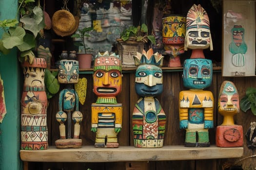 Traditional mexican wooden figurines showcasing vibrant colors and intricate designs, celebrating mexican art and heritage