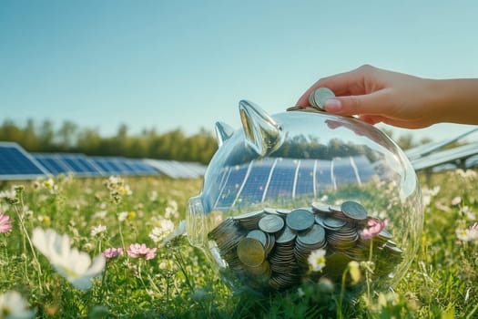 Hand putting coin into piggy bank in front of solar panels, symbolizing investment in renewable energy and sustainable finance