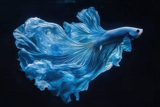 Vibrant blue betta fish gracefully swims, showcasing its elegant, flowing fins against a dark background