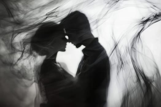 Romantic silhouette of embracing couple behind translucent black veil, creating a sense of mystery and intimacy