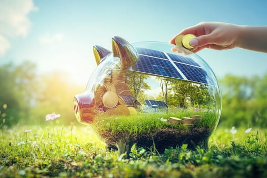 Transparent piggy bank filled with coins and solar panels, showcasing investment in renewable energy and financial benefits
