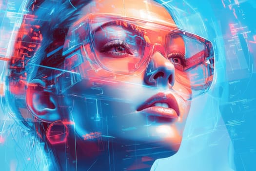 Futuristic portrait of a woman wearing transparent glasses, immersed in augmented reality, with holographic data and digital interface elements projected around her