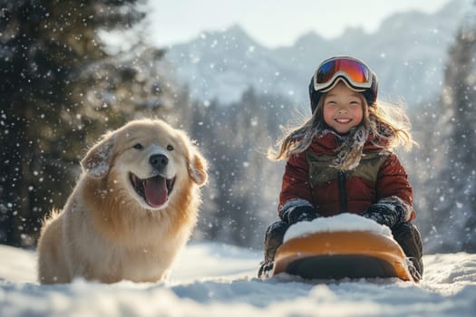 Young girl and her golden retriever dog are enjoying a snowy winter day outdoors while sitting on a sled