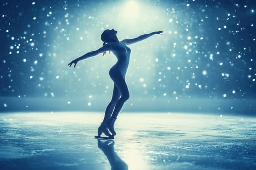 Female figure skater gracefully performing on ice rink under snowfall and stage lights