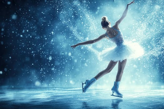 Ice skater performing a graceful spin on an ice rink during a snowfall, creating a magical winter scene