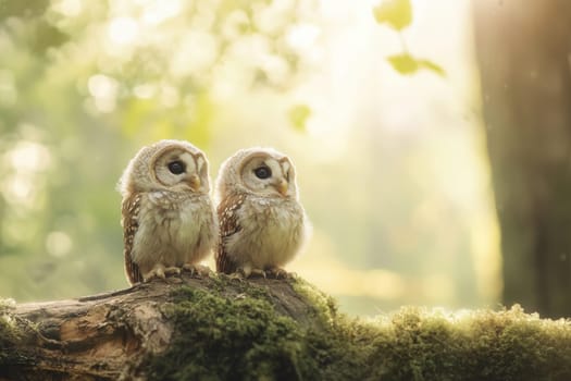Two adorable tawny owl chicks perched on a mossy branch in a sunlit forest