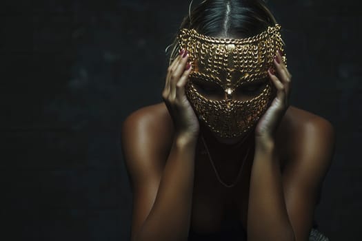 Model with golden mask holding her face with hands, posing in studio with dark background