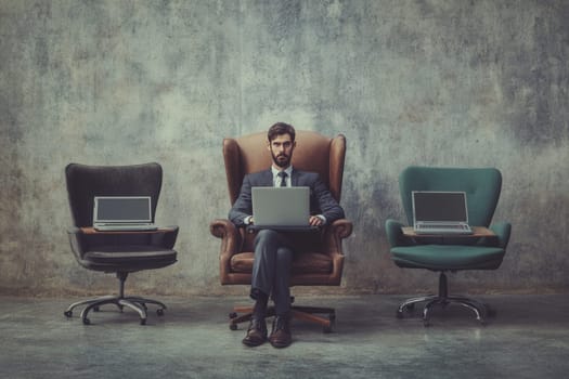 Businessman is working remotely, using his laptop while sitting on a comfortable chair, with other laptops on other chairs