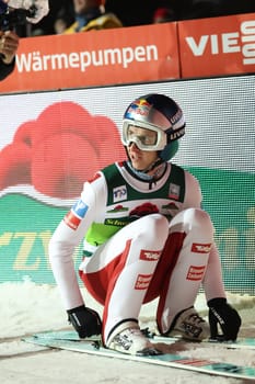 Excited look at the scoreboard: Daniel Tschofenig USV Achomitz / Aut) at the FIS Ski Jumping World Cup Individual Men in Neustadt