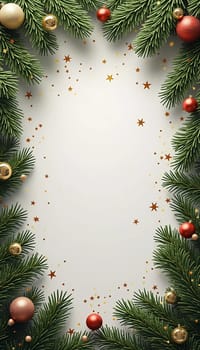 Fir tree branches create a festive border, with scattered golden stars and lights enhancing the joyful atmosphere of Christmas and New Year celebrations, evoking warmth and cheer. Generative AI.