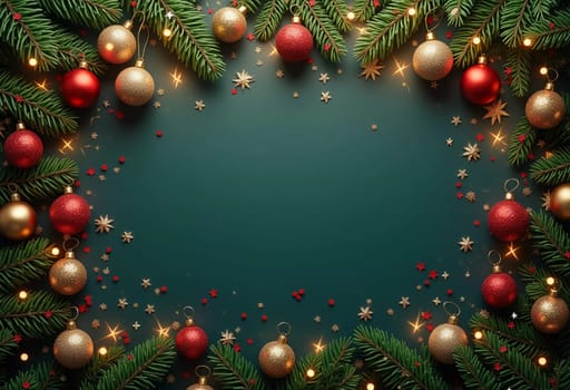 Fir tree branches frame a serene green backdrop, adorned with golden ornaments and stars, creating a warm, inviting atmosphere perfect for holiday festivities and celebrations. Generative AI.