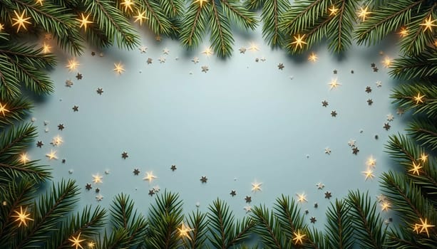 Fir tree branches frame a serene blue backdrop, adorned with golden ornaments and stars, creating a warm, inviting atmosphere perfect for holiday festivities and celebrations. Generative AI.