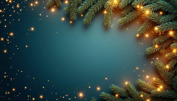 Fir tree branches frame a serene green backdrop, adorned with golden ornaments and stars, creating a warm, inviting atmosphere perfect for holiday festivities and celebrations. Generative AI.