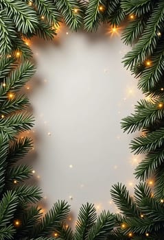 Fir tree branches create a festive border, with scattered golden stars and lights enhancing the joyful atmosphere of Christmas and New Year celebrations, evoking warmth and cheer. Generative AI.