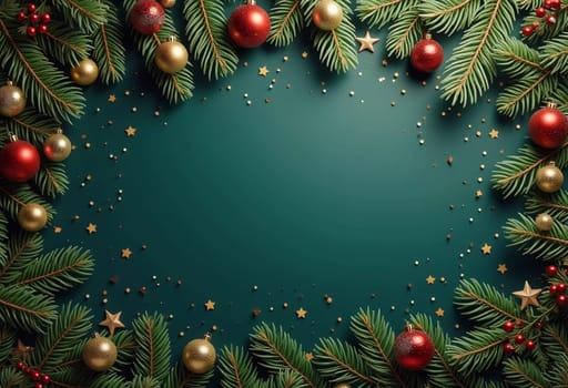 Fir tree branches frame a serene green backdrop, adorned with golden ornaments and stars, creating a warm, inviting atmosphere perfect for holiday festivities and celebrations. Generative AI.