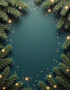 Fir tree branches frame a serene green backdrop, adorned with golden ornaments and stars, creating a warm, inviting atmosphere perfect for holiday festivities and celebrations. Generative AI.