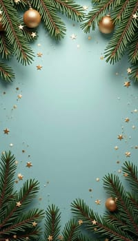 Fir tree branches frame a serene green backdrop, adorned with golden ornaments and stars, creating a warm, inviting atmosphere perfect for holiday festivities and celebrations. Generative AI.
