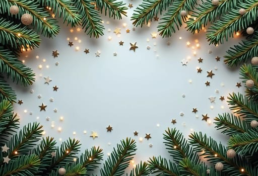 Fir tree branches frame a serene blue backdrop, adorned with golden ornaments and stars, creating a warm, inviting atmosphere perfect for holiday festivities and celebrations. Generative AI.