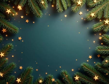 Fir tree branches frame a serene green backdrop, adorned with golden ornaments and stars, creating a warm, inviting atmosphere perfect for holiday festivities and celebrations. Generative AI.