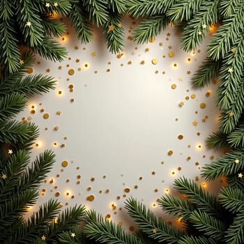 Fir tree branches create a festive border, with scattered golden stars and lights enhancing the joyful atmosphere of Christmas and New Year celebrations, evoking warmth and cheer. Generative AI.