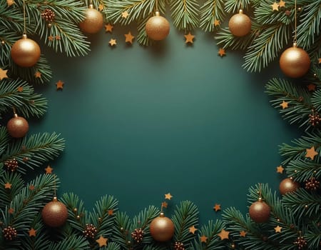 Fir tree branches frame a serene backdrop, adorned with golden ornaments and stars, creating a warm, inviting atmosphere perfect for holiday festivities and celebrations. Generative AI.