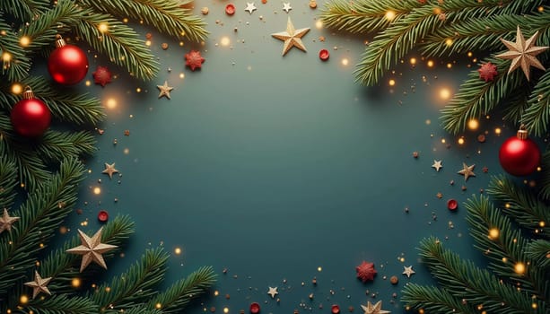 Fir tree branches frame a serene green backdrop, adorned with golden ornaments and stars, creating a warm, inviting atmosphere perfect for holiday festivities and celebrations. Generative AI.