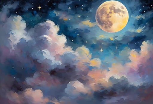 A full moon illuminates a night sky filled with fluffy clouds painted in varying shades of blue, purple, and soft white. Twinkling stars add a magical touch to this serene scene. Generative AI.