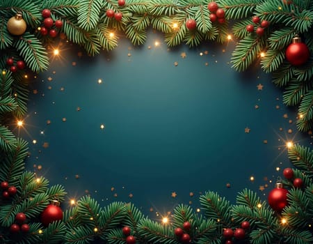 Fir tree branches frame a serene green backdrop, adorned with golden ornaments and stars, creating a warm, inviting atmosphere perfect for holiday festivities and celebrations. Generative AI.