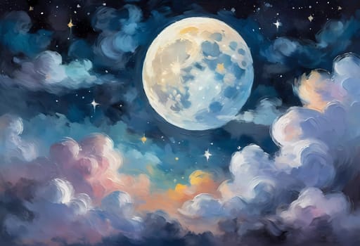 A full moon illuminates a night sky filled with fluffy clouds painted in varying shades of blue, purple, and soft white. Twinkling stars add a magical touch to this serene scene. Generative AI.